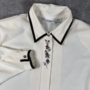 Vintage Koret Blouse Womens 16 Ivory Pleated Button Up Beaded Embroidered Floral